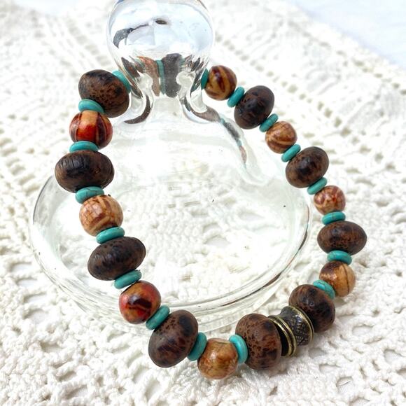 Turquoise Wood Beaded Stackable Stretch Bracelet - Picture 1 of 3
